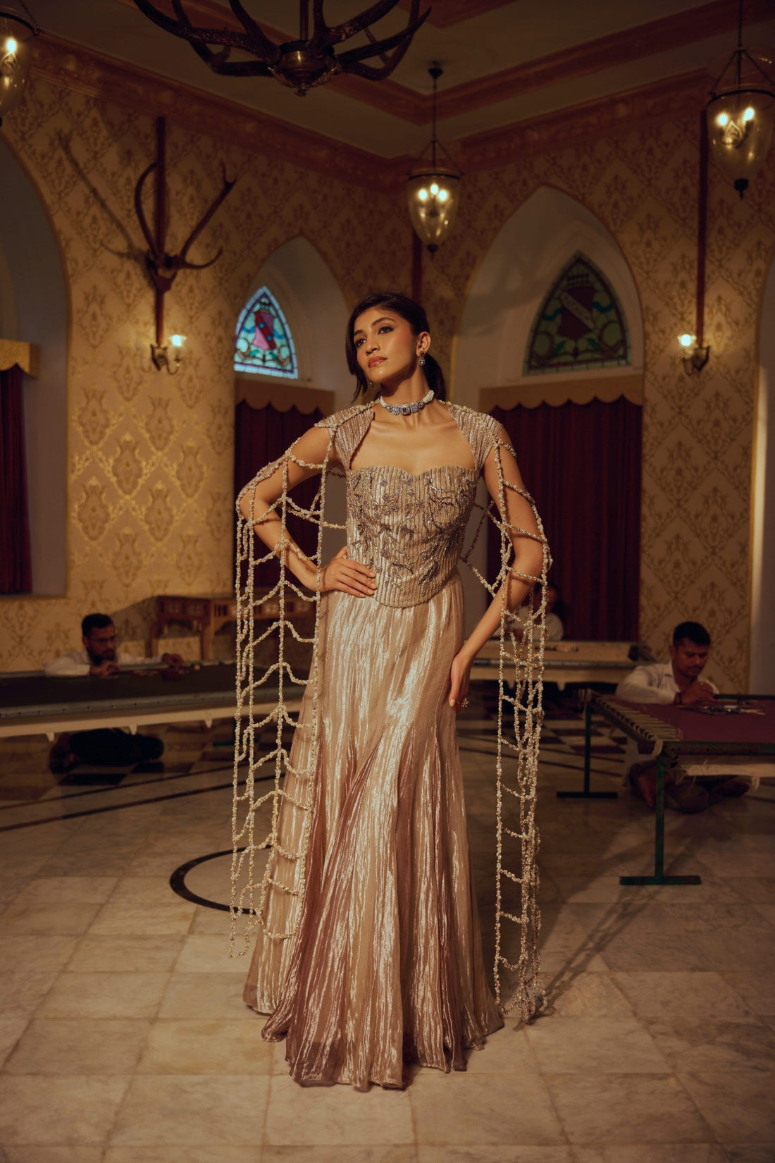 Zaria Gold Couture Lehenga with Pearl Cape