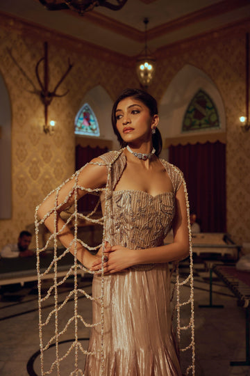 Zaria Gold Couture Lehenga with Pearl Cape