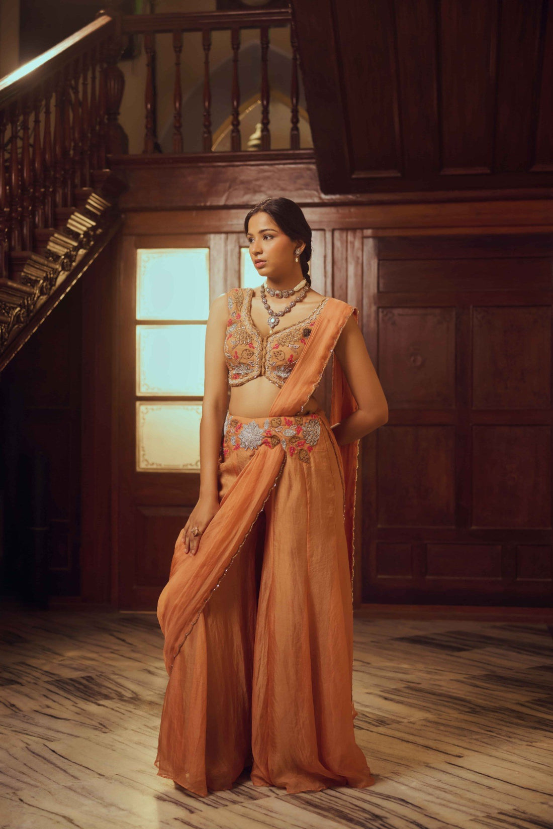 Cassira Brown Organza Sharara Set