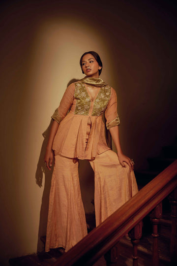 Auretta Peach Green Sharara Set