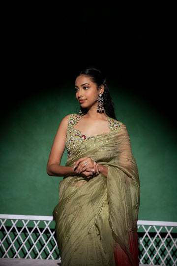 Mirana Green Red Ombre Saree Set