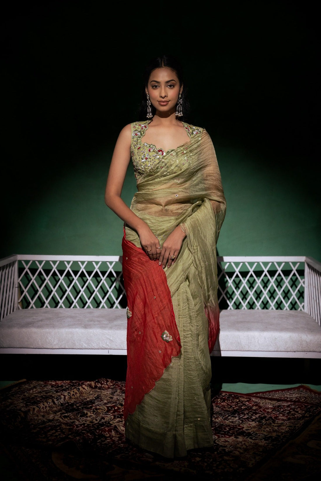 Mirana Green Red Ombre Saree Set